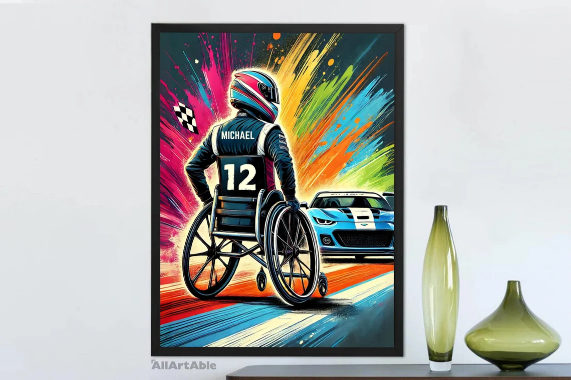 Personalized Male Racing Wheelchair Art Poster - Custom Name and Number - Vibrant Adaptive Sports Decor for Athletes and Fans